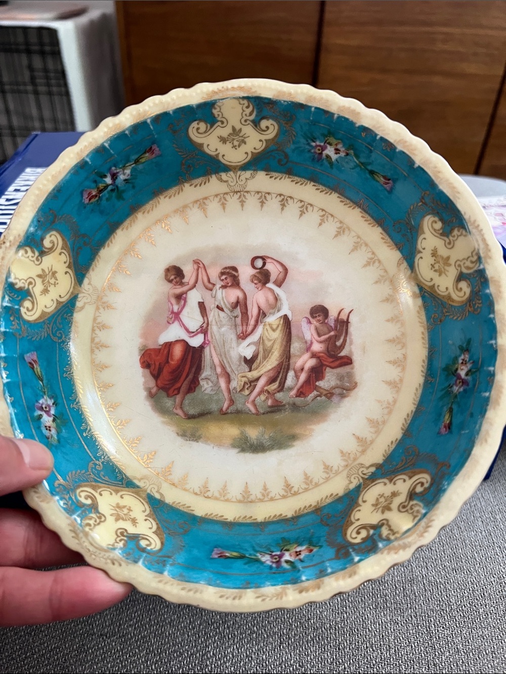 Teal Vintage Austrian (Antique) Ladies Dancing Porcelain Decorative Bowl 8”